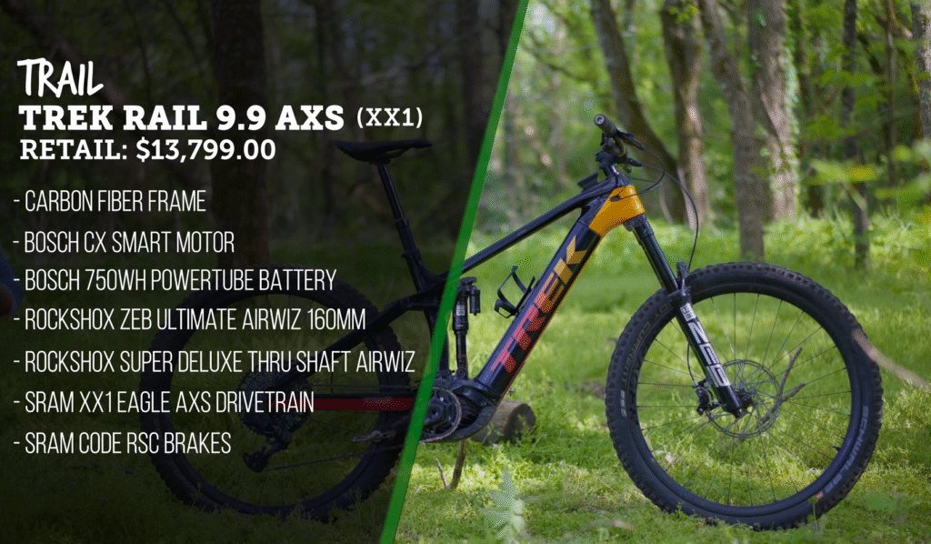 Trek Rail 9.9 AXS electric mountain bike with carbon frame, Bosch motor, and premium suspension setup.