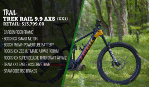 Trek Rail 9.9 AXS electric mountain bike with carbon frame, Bosch motor, and premium suspension setup.
