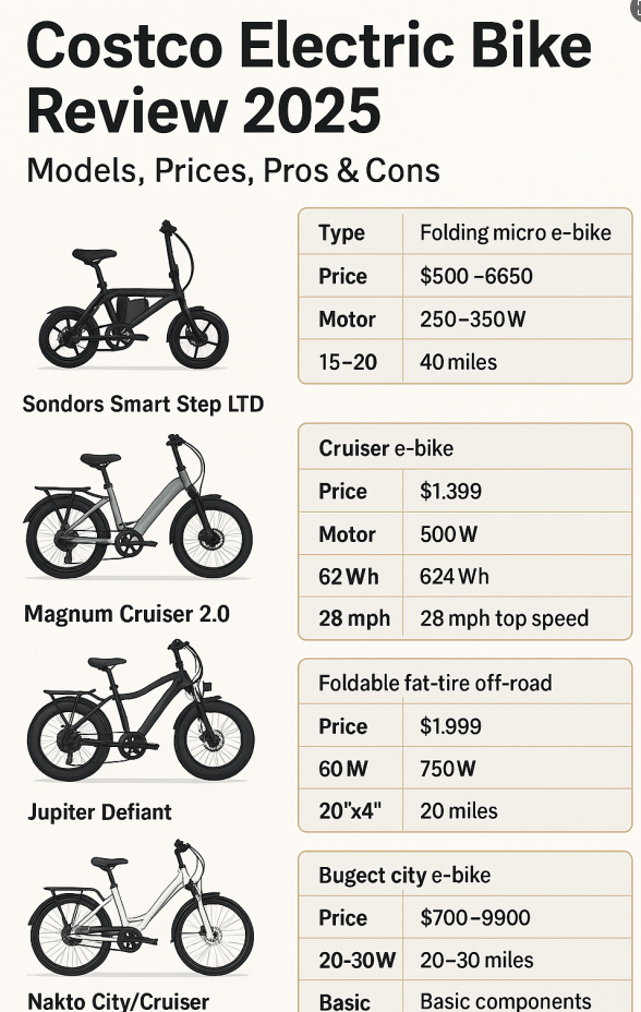Infographic comparing Costco electric bikes in 2025, including Jetson Bolt Pro, Magnum Cruiser 2.0, Jupiter Defiant, Sondors Smart Step LTD, and Nakto models with key specs and prices.