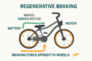 Infographic illustrating regenerative braking in electric bicycles, showing energy flow from the motor to the battery, with arrows indicating the braking force applied to the wheels.