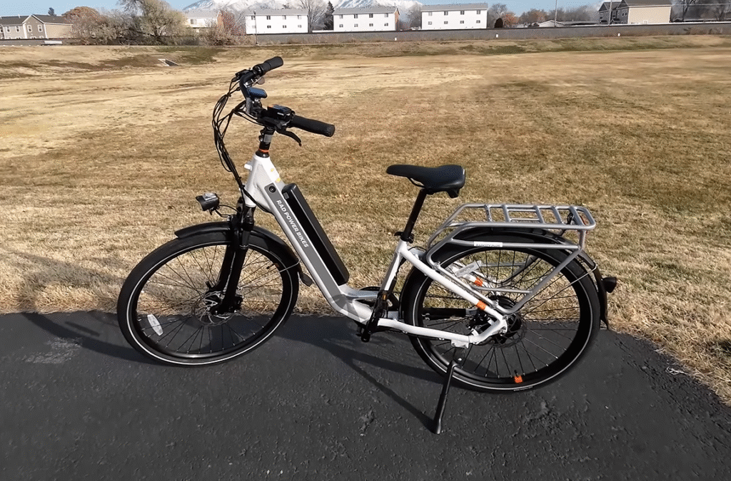 RadCity 5 Plus electric bike parked on a paved path, featuring a sturdy rear rack, front suspension, and a sleek design.