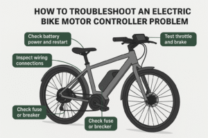 Diagram of an electric bike highlighting motor controller troubleshooting points including battery, wiring, throttle, and fuses.
