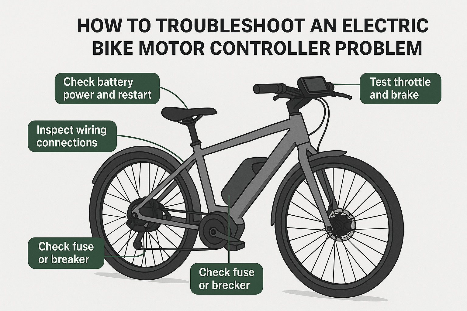Diagram of an electric bike highlighting motor controller troubleshooting points including battery, wiring, throttle, and fuses.