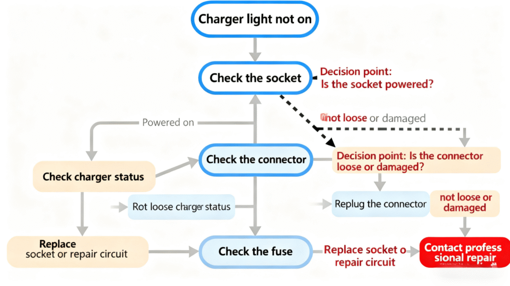 Troubleshooting flowchart for e-bike battery charging steps and decision points