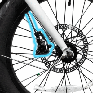 A close-up of a bicycle's rear wheel, showing the disc brake caliper and its surrounding components.