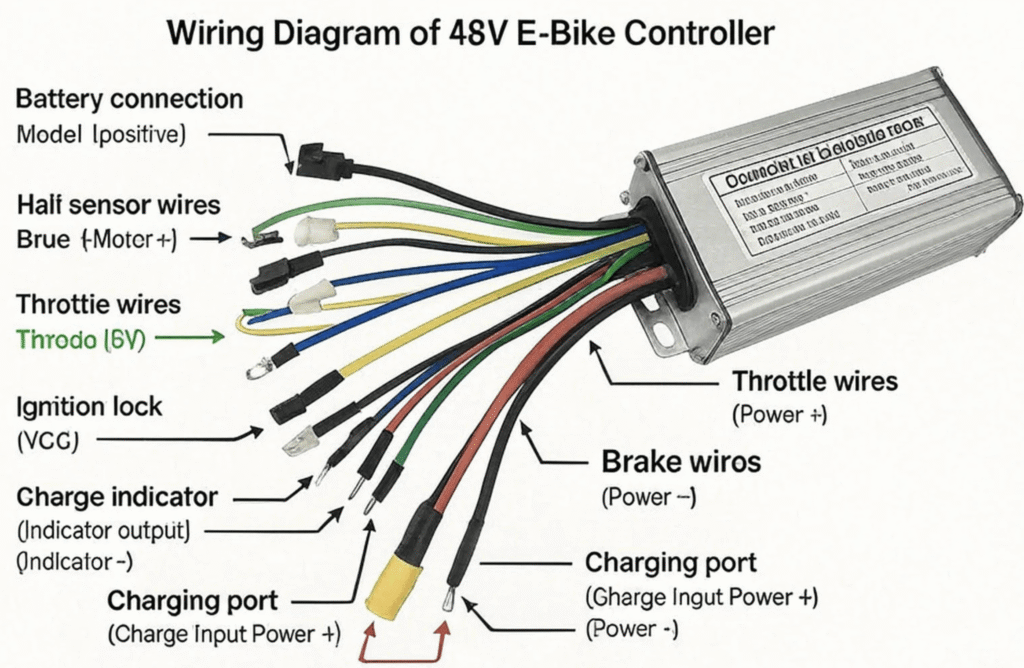 Wiring diagram of a 48V e-bike controller with labeled connections for battery, throttle, brake, ignition lock, and charging port.