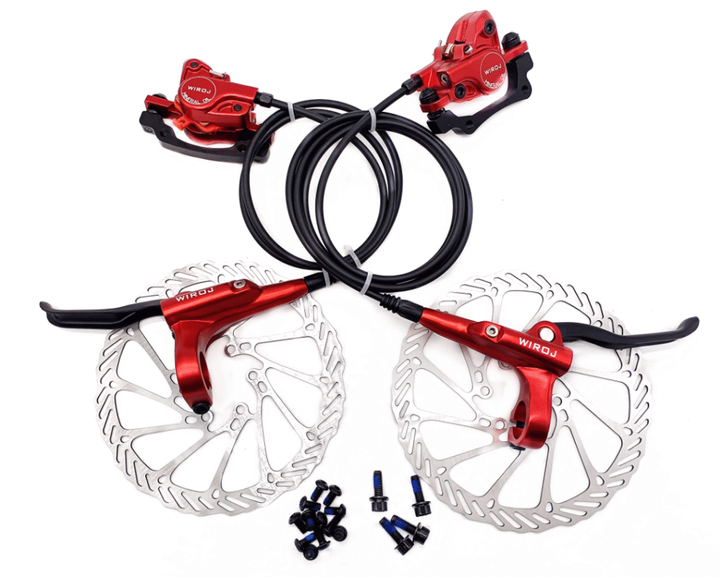 A hydraulic disc brake system with two brake levers, calipers, rotors, and mounting hardware in red color.