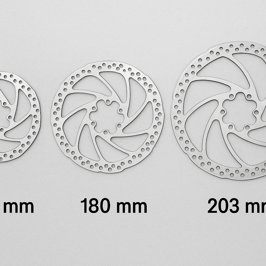Three bicycle disc brake rotors in 160mm, 180mm, and 203mm sizes displayed side by side.