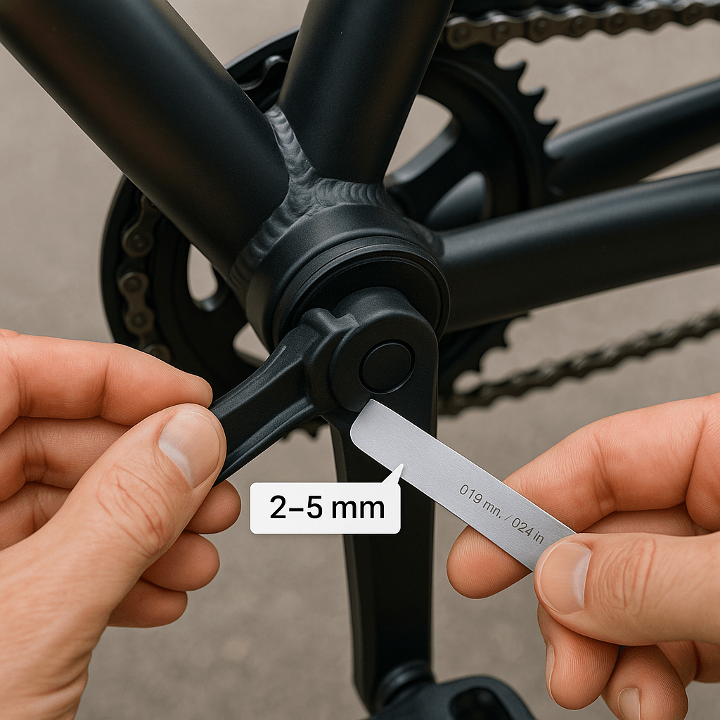 PAS Sensor Troubleshooting: Expert E-Bike Pedal Assist Repairs 2 Technician measuring the 2–5 mm gap between the PAS sensor head and magnet ring on an electric bike crank using a feeler gauge.