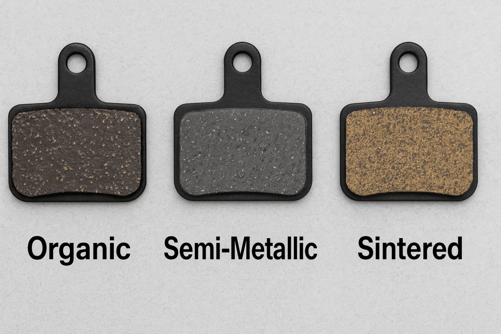 Three types of brake pads — organic, semi-metallic, and sintered — displayed side by side for material comparison.