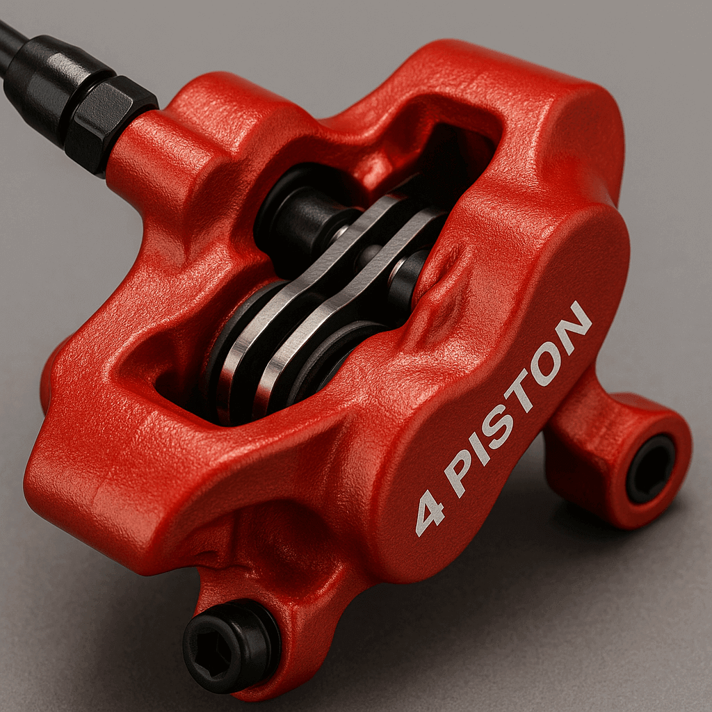 Close-up of a red 4-piston hydraulic brake caliper showing piston layout and construction details.