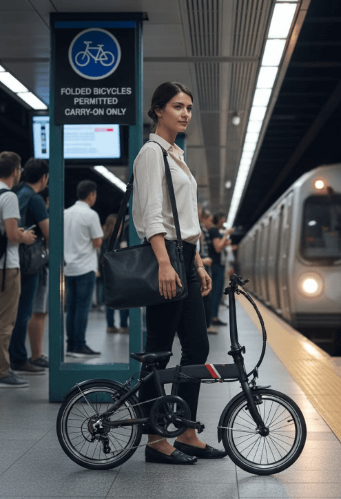 Woman standing with a folded black e-bike on a subway platform.