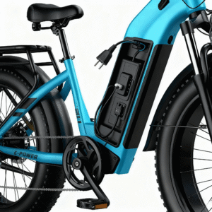 E-bike battery charger plugged cleanly into battery port with labeled terminals and wiring.