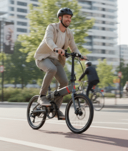 Man riding a gray folding electric bike through the city streets.