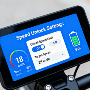 E-bike display screen showing speed unlock settings and battery status.
