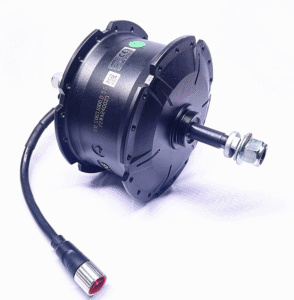 Black rear hub motor for an electric bike with cable connector.