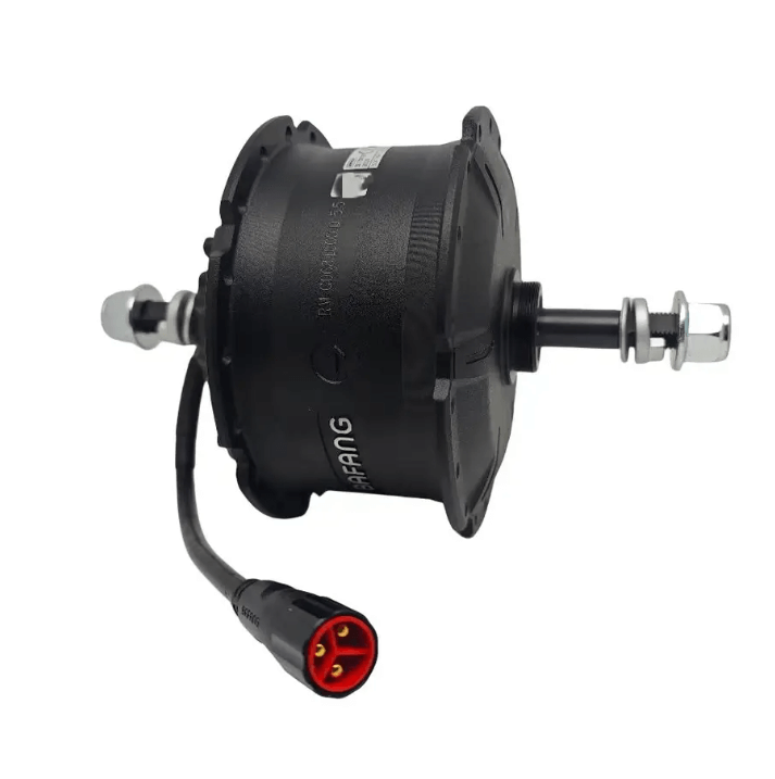 Bafang electric hub motor with red connector cable.