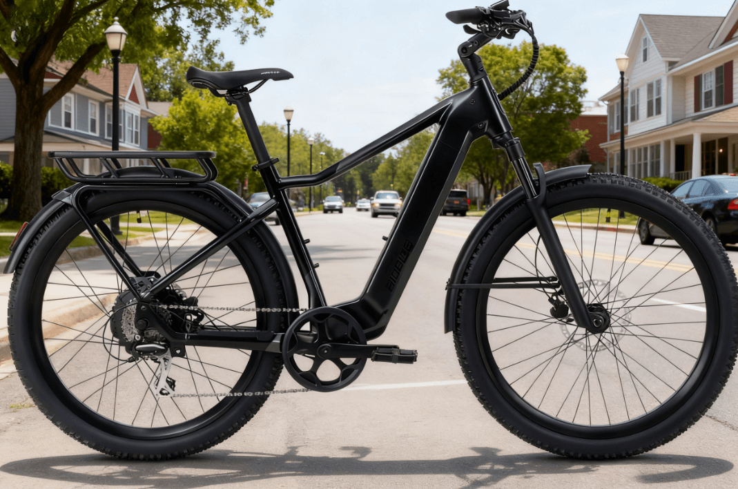 Home 4 Electric commuter bike parked on a quiet suburban street, designed for daily city rides.