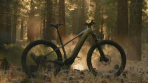 Home 5 Electric mountain bike on a forest trail surrounded by morning sunlight and dust.