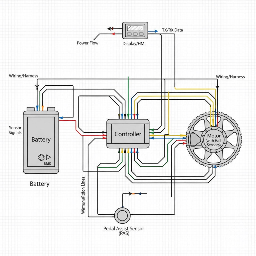 Why Is My E-bike Cutting Out? Fixing Common Controller Problems 1 A schematic diagram showing the main electrical components of an electric bicycle, including the Battery, Controller, Motor, Display, Pedal Assist Sensor, and Wiring Harness, and how they interconnect.