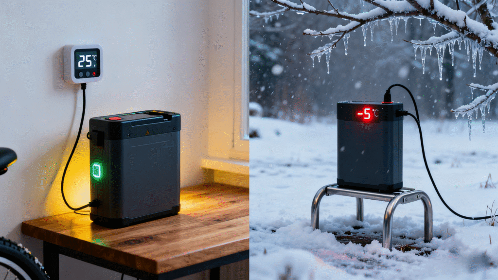 E-bike battery being charged indoors in moderate temperature environment vs cold outdoor scenario.