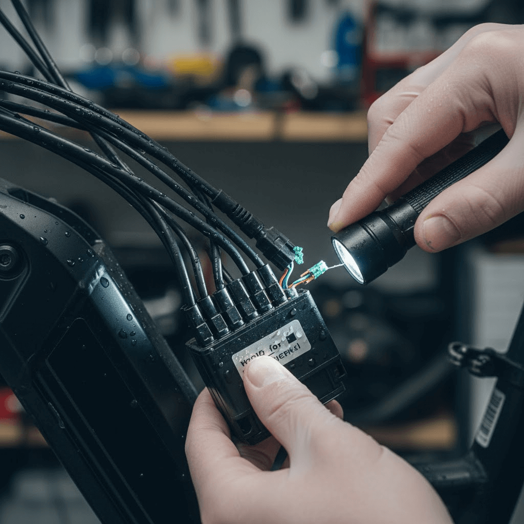 Why Is My E-bike Cutting Out? Fixing Common Controller Problems 3 An image showing a technician inspecting the electric bicycle controller's housing and cable connections, highlighting the integrity of the waterproof seals and connectors, possibly showing signs of corrosion or wear.