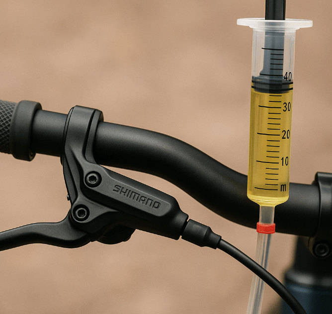 E-Bike Hydraulic Brake Problems: Why Your Lever Feels Soft and How to Fix It 2 Bleeding an e-bike brake system with syringe and mineral oil.