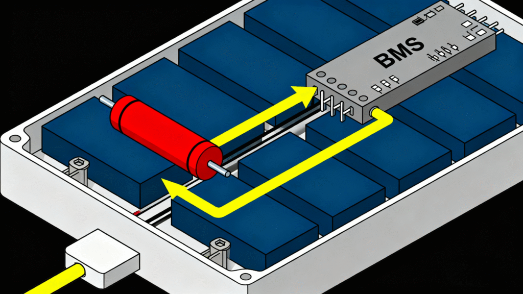 Diagram of e-bike battery pack internals showing fuse and BMS location in charging circuit.