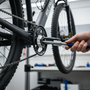 Mechanic using a crank puller tool to safely remove a bicycle crank arm from the bottom bracket.