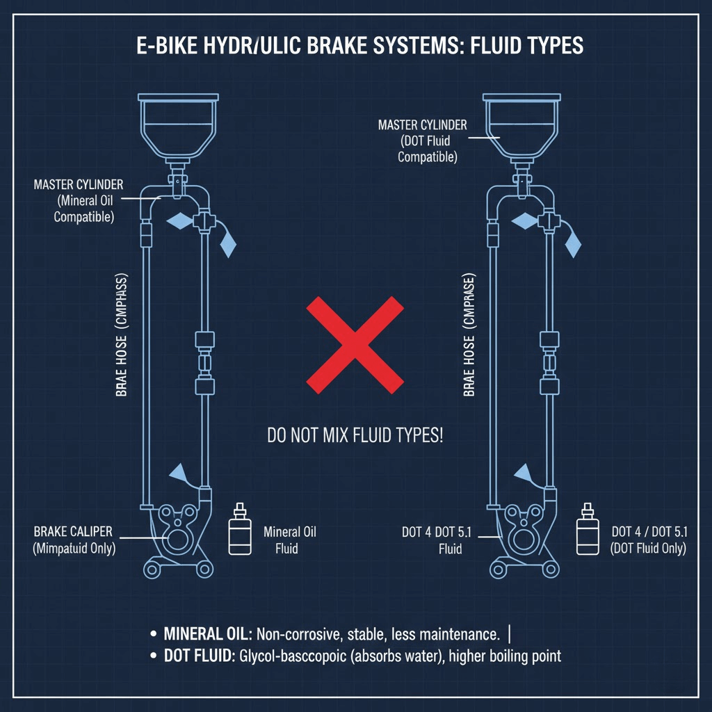 E-bike hydraulic brake systems diagram: mineral oil vs DOT fluid—do not mix.