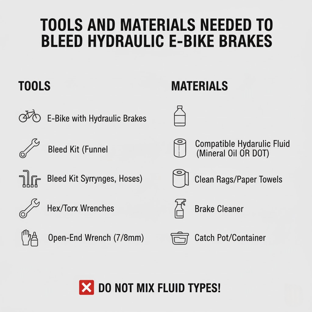 Tools and materials needed to bleed hydraulic e-bike brakes—funnel/syringes, fluid, wrenches, rags.
