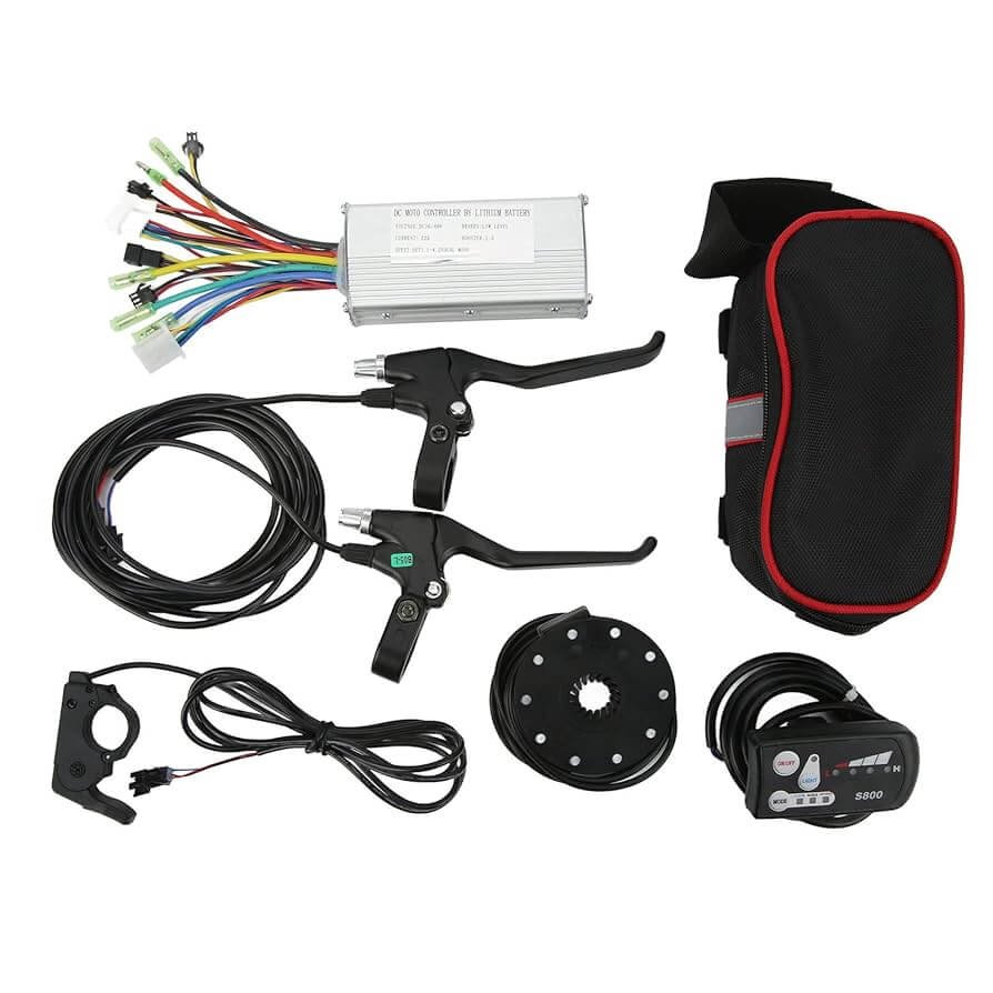 Tools and Detailed Steps for Replacing an Electric Bicycle Controller 2 Electric bike conversion kit with controller, brake levers, pedal assist sensor, handlebar throttle, display, and carrying bag.