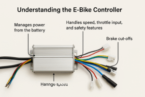 Electric bicycle controller with labeled wires showing power, throttle, and brake connections.