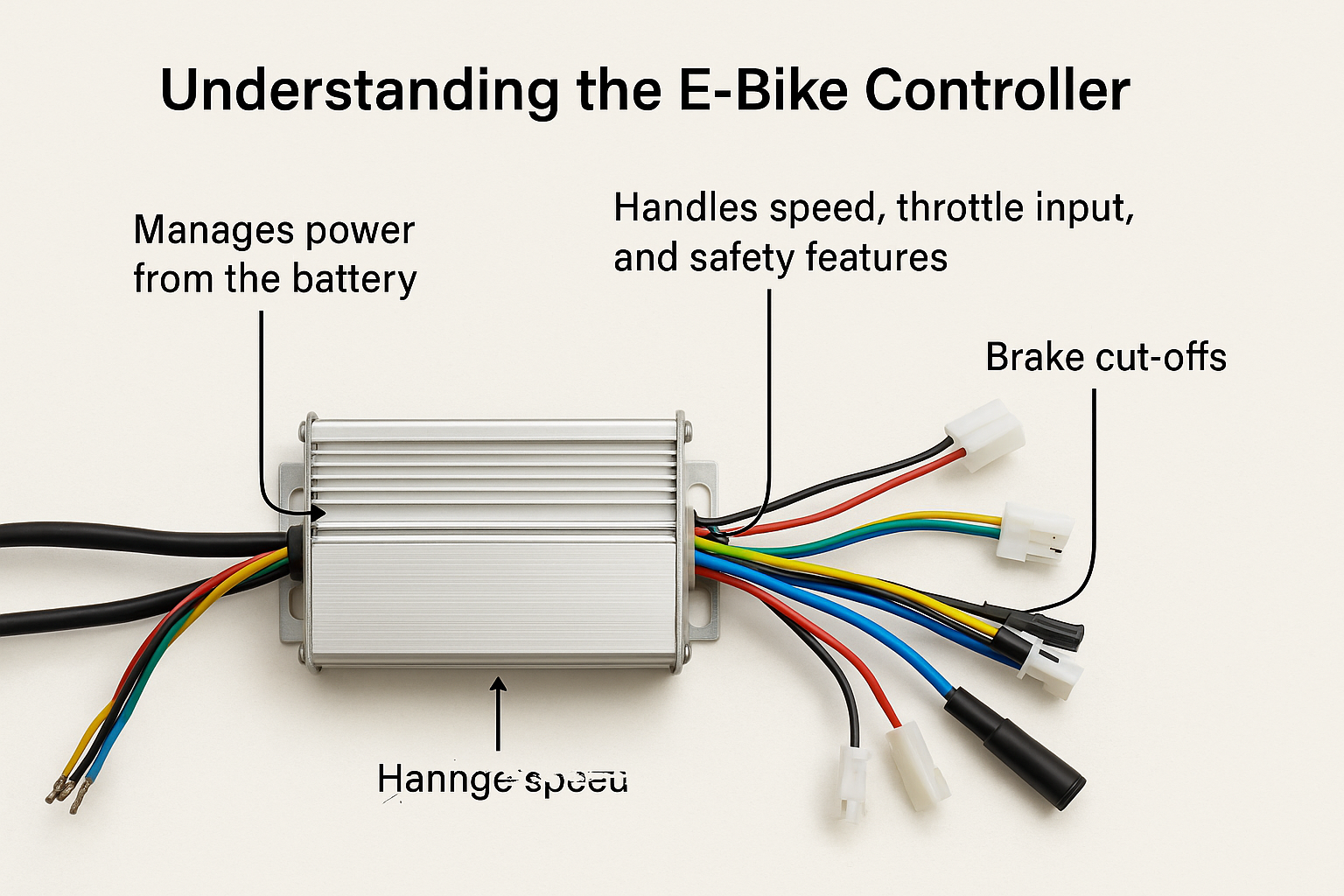 Tools and Detailed Steps for Replacing an Electric Bicycle Controller 1 Electric bicycle controller with labeled wires showing power, throttle, and brake connections.