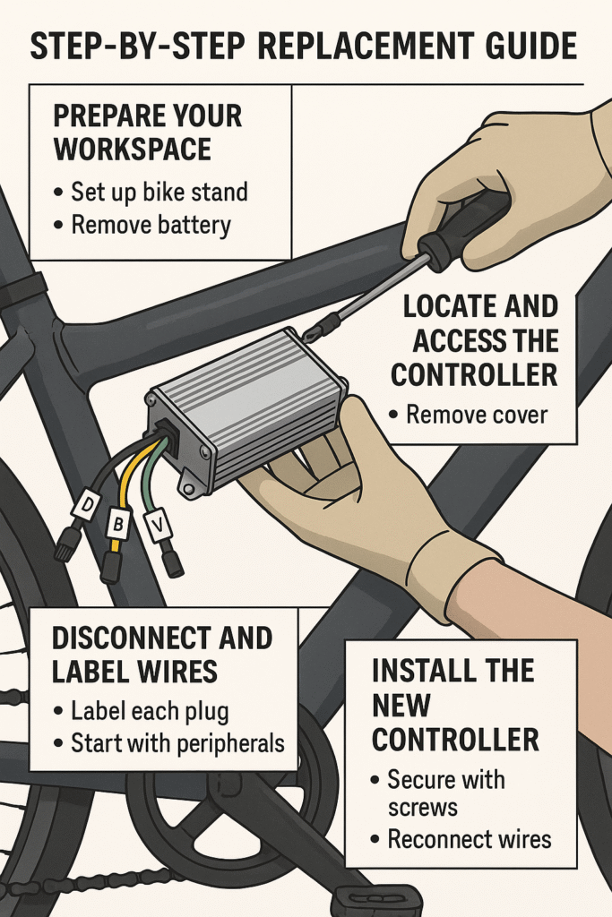 Tools and Detailed Steps for Replacing an Electric Bicycle Controller 3 Step-by-step guide showing hands installing a new e-bike controller under the frame.