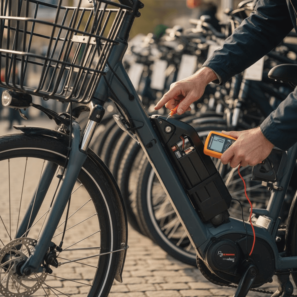 Used E-Bike Buying Guide: How to Avoid Scams, Check Legality, and Protect Your Money 2 Close-up of a technician using a digital multimeter to check voltage on an e-bike battery connection.