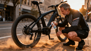 Rider applying lubricant to a mid-drive e-bike chain on a dusty urban street at sunset.