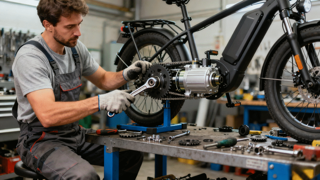 Mid-Drive Drivetrains, Made Easy: The Real-World Playbook for Faster, Cleaner, Longer-Lasting Chains 2 Bike mechanic adjusting a mid-drive e-bike drivetrain on a repair stand inside a professional workshop.