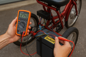 Hands measuring voltage from a sodium-ion battery on a red e-bike using a digital multimeter during troubleshooting.
