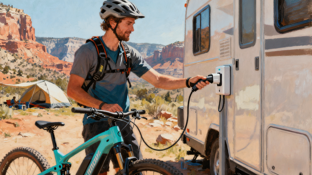 E-bike rider charging battery at Utah campground under sunset.
