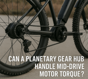 Close-up of an electric bicycle featuring a mid-drive motor and planetary gear hub, photographed in natural light to highlight drivetrain components.