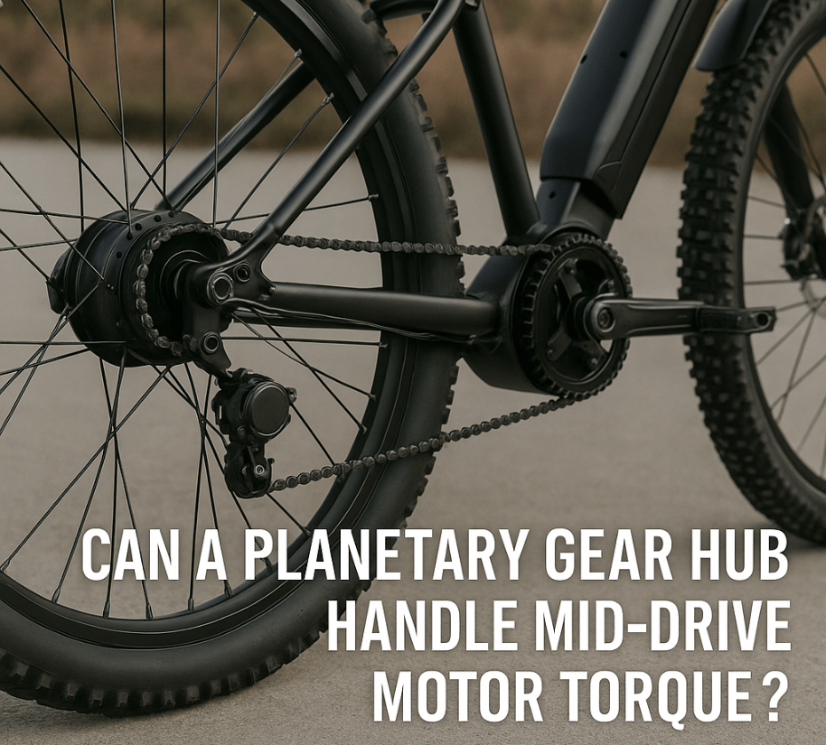 Close-up of an electric bicycle featuring a mid-drive motor and planetary gear hub, photographed in natural light to highlight drivetrain components.