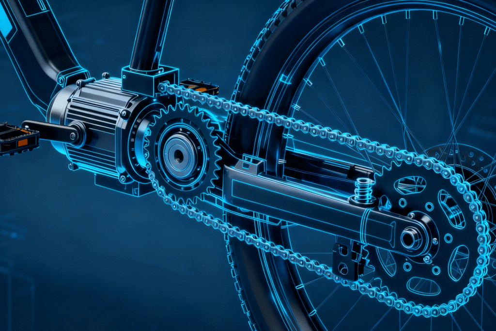 E-bike mid-drive motor and chain system blueprint.