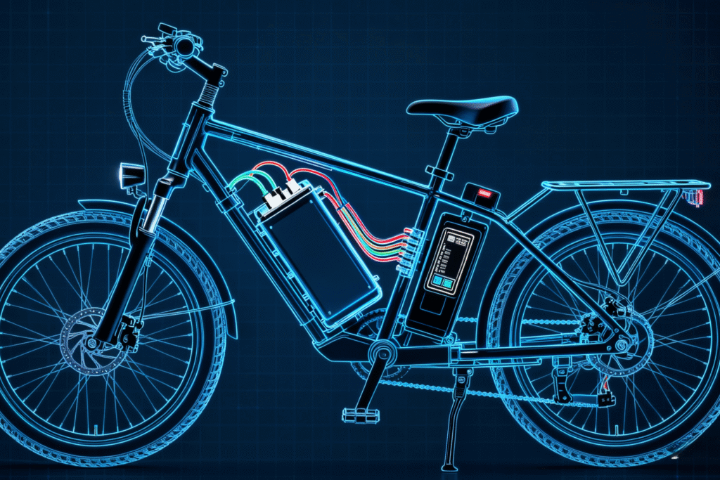 Electric bicycle full schematic with battery and controller wiring.