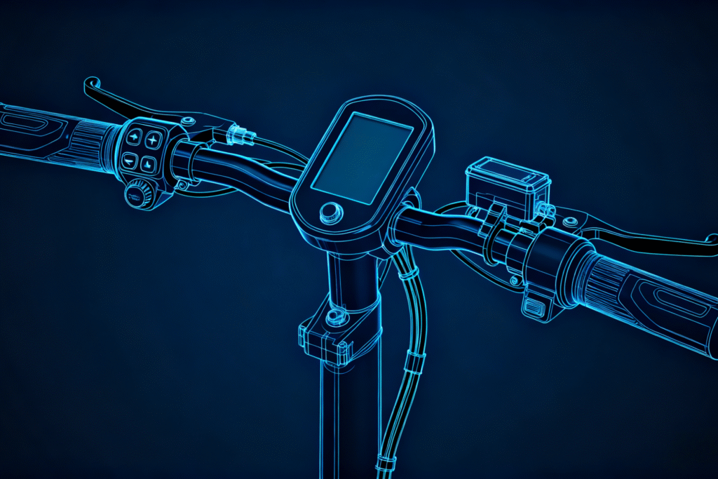 Electric bike handlebar with display and control buttons blueprint.
