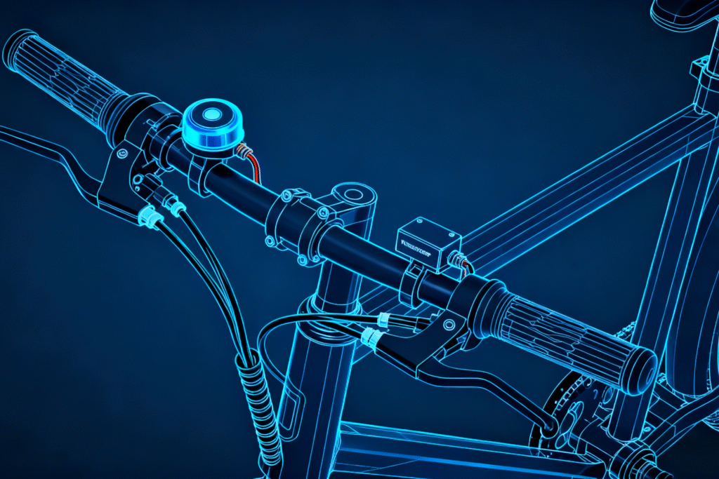 E-bike throttle and wiring system diagram on handlebars.