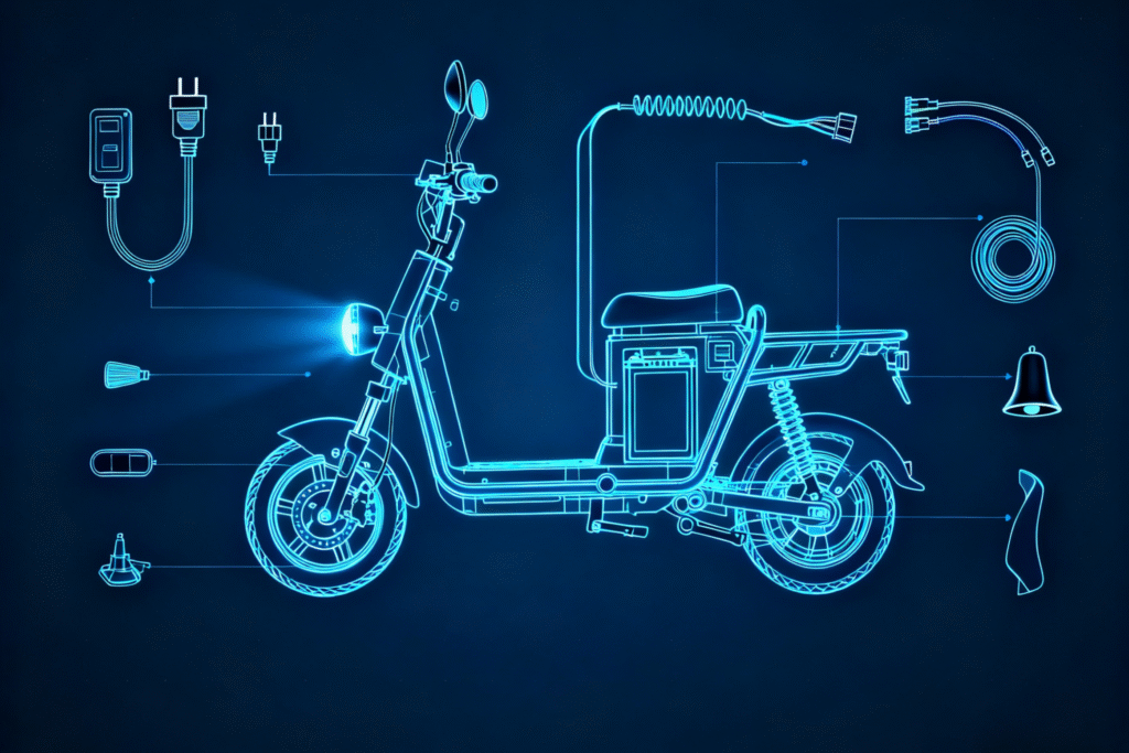 Electric bike system diagram with components labeled.