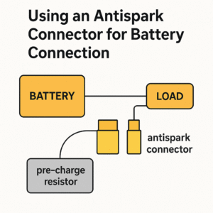Simplified wiring diagram labeled “Using an Antispark Connector for Battery Connection,” showing battery, load, antispark connector, and pre-charge resistor connections.