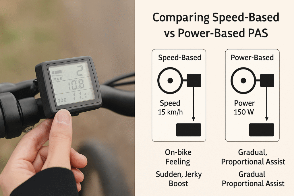 A two-part infographic comparing speed-based and power-based pedal assist systems (PAS) for e-bikes. On the left, a rider adjusts PAS Level 2 on a KT LCD display; on the right, diagrams show how speed-based PAS delivers sudden boosts while power-based PAS gives gradual proportional assistance.