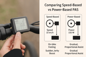 A two-part infographic comparing speed-based and power-based pedal assist systems (PAS) for e-bikes. On the left, a rider adjusts PAS Level 2 on a KT LCD display; on the right, diagrams show how speed-based PAS delivers sudden boosts while power-based PAS gives gradual proportional assistance.